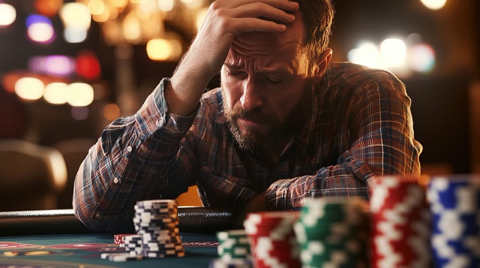 Man looking down devastated at poker table